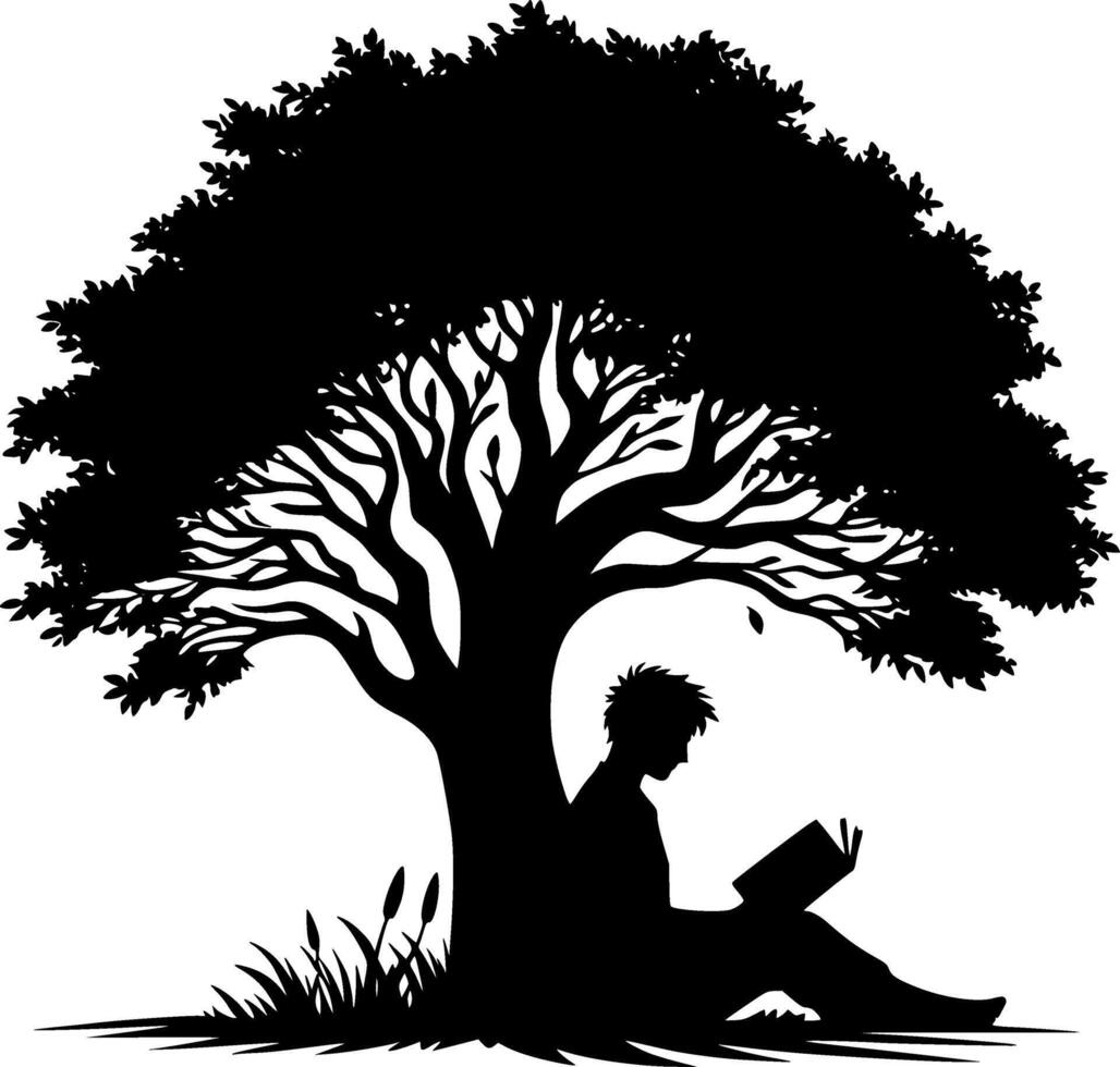 A man reading under a tree silhouette vector