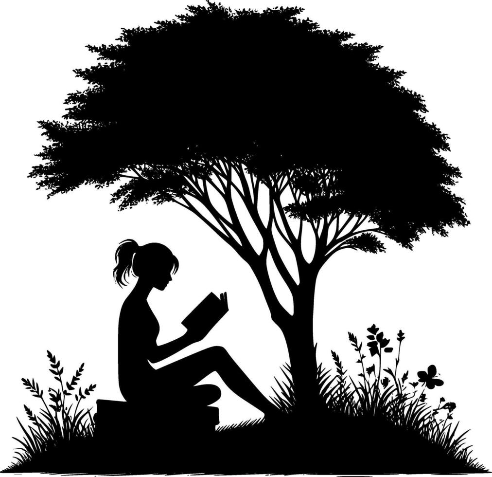 Silhouette of a girl reading under a tree vector