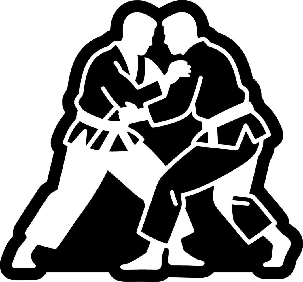 Two men in karate gear are fighting on a white background vector