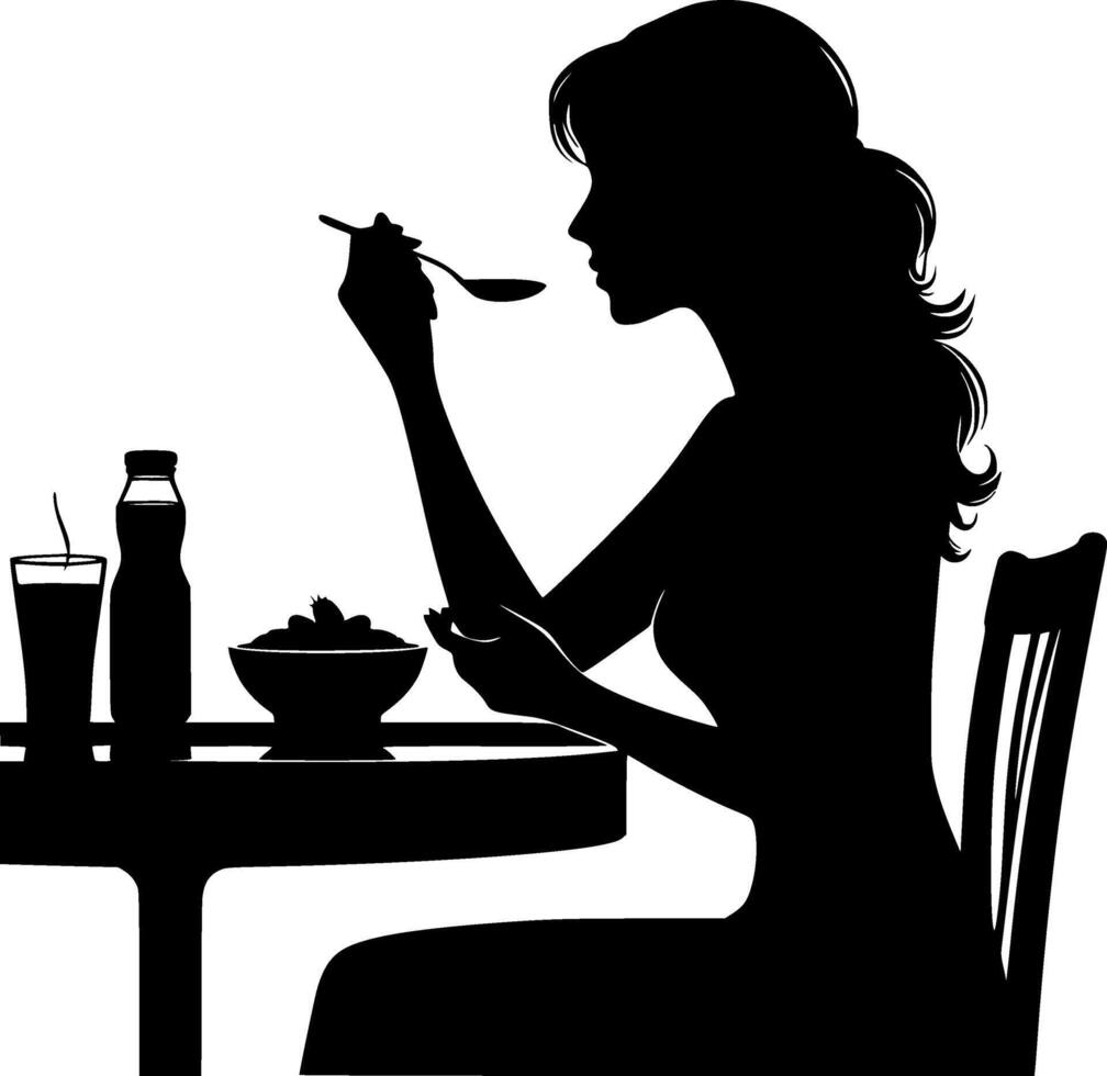 Silhouette of a woman eating breakfast at a table vector