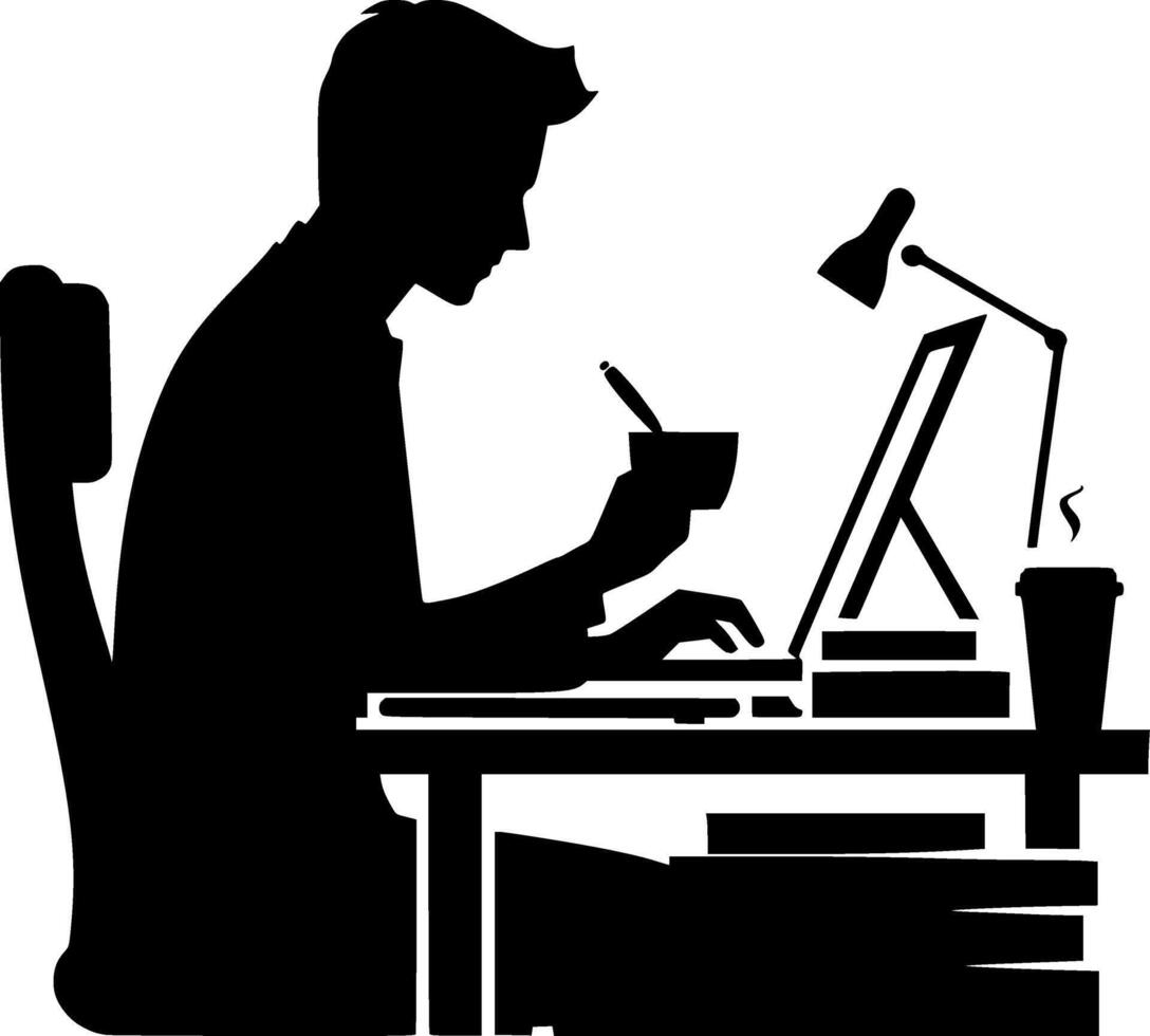 Silhouette of a man working on his computer vector
