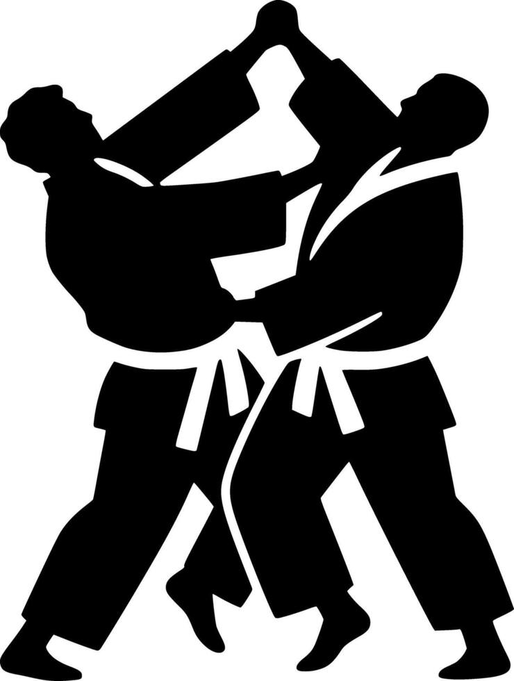 Two men in karate gear are fighting in silhouette vector