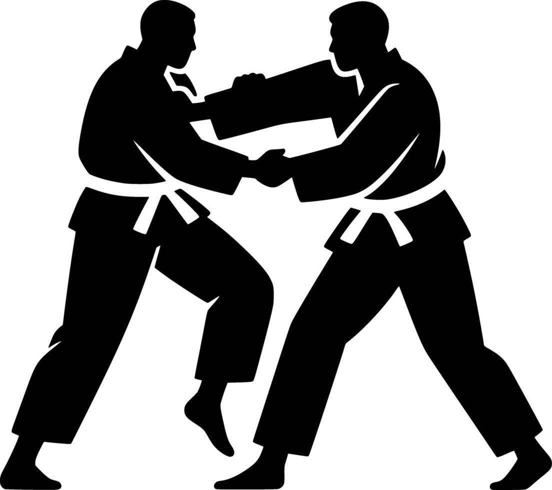 Two men in karate gear are fighting vector