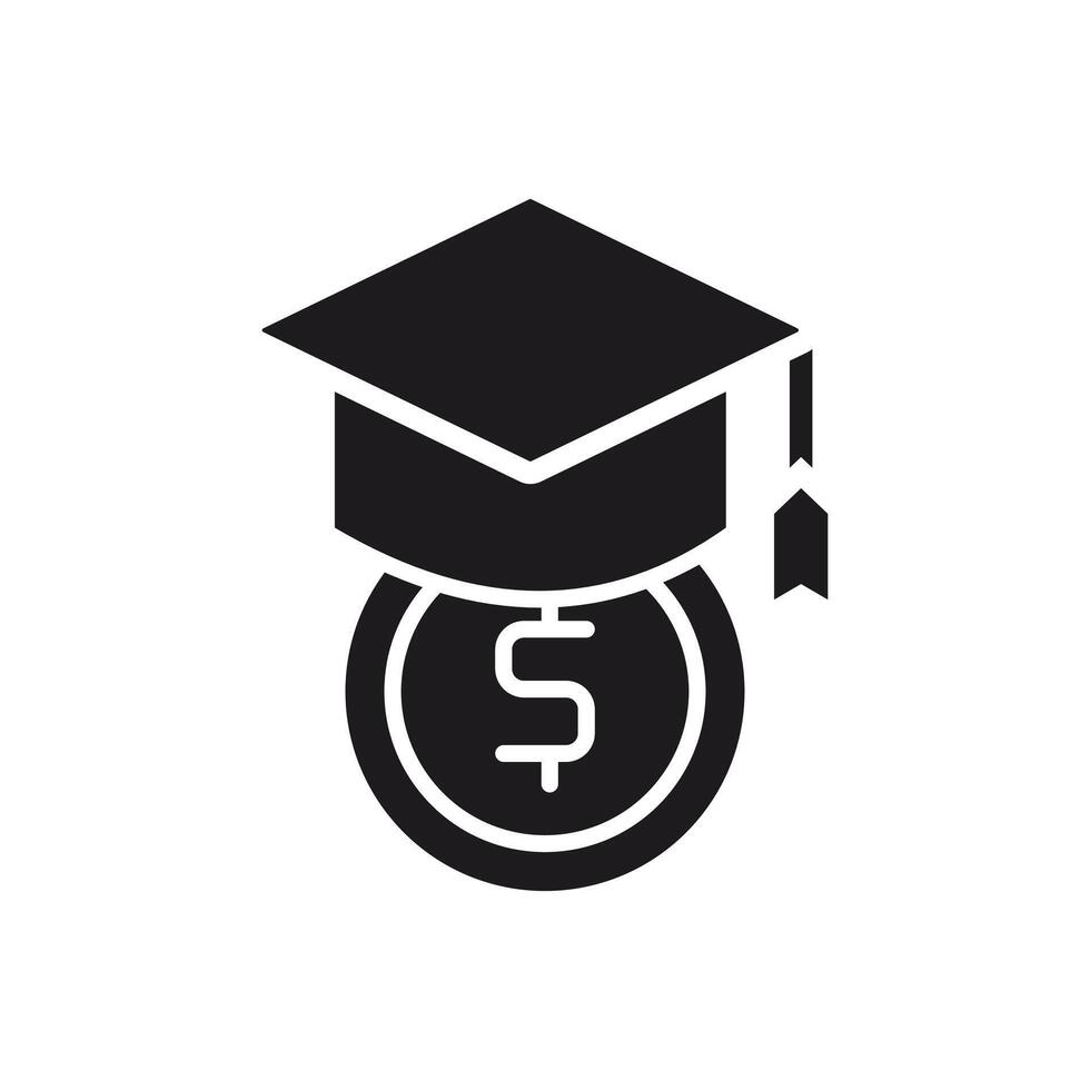 A mortarboard rests atop a dollar coin, representing the financial aspects of education and tuition fees. This icon graphic symbolizes the costs associated with college, university, vector