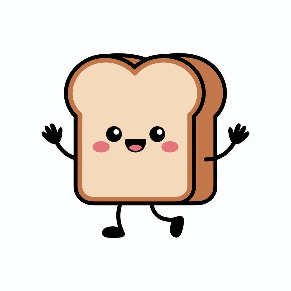 Cute kawaii toast bread character with happy face, blushing cheeks, arms and legs, adorable cartoon breakfast illustration on white background design. vector