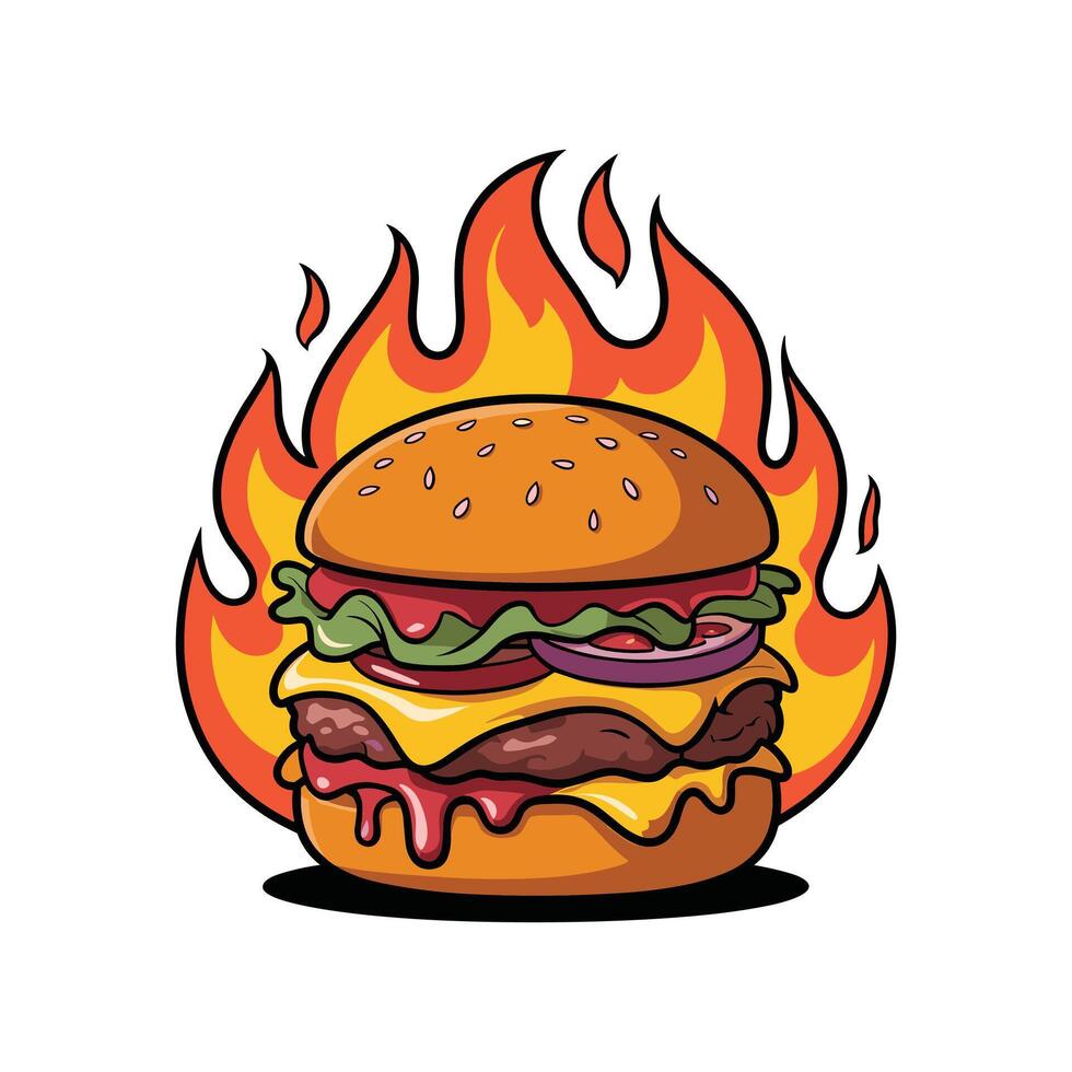 Hot Spicy Cheeseburger with Flames Cartoon Illustration, Juicy Beef Burger with Lettuce, Cheese, Onion, and Sauce Isolated on White Background vector