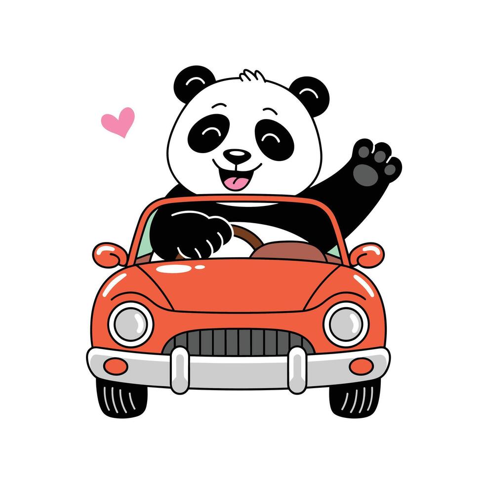 Cute Happy Panda Driving Red Car and Waving, Adorable Cartoon Animal Character Travel Adventure Concept, Fun Illustration Isolated on White Background. vector