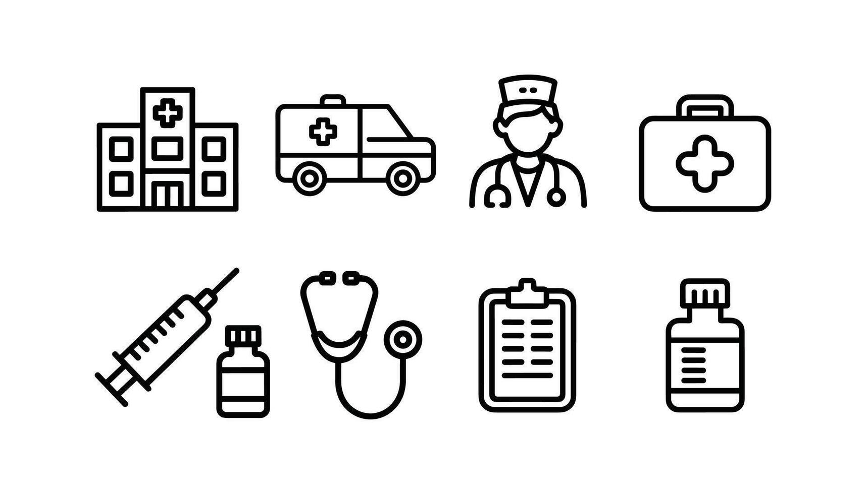 Set of Medical Line Icons Including Hospital, Ambulance, Doctor, Syringe, Medicine and Stethoscope Clean Healthcare Symbol Pack for Medical UI or Infographics. vector