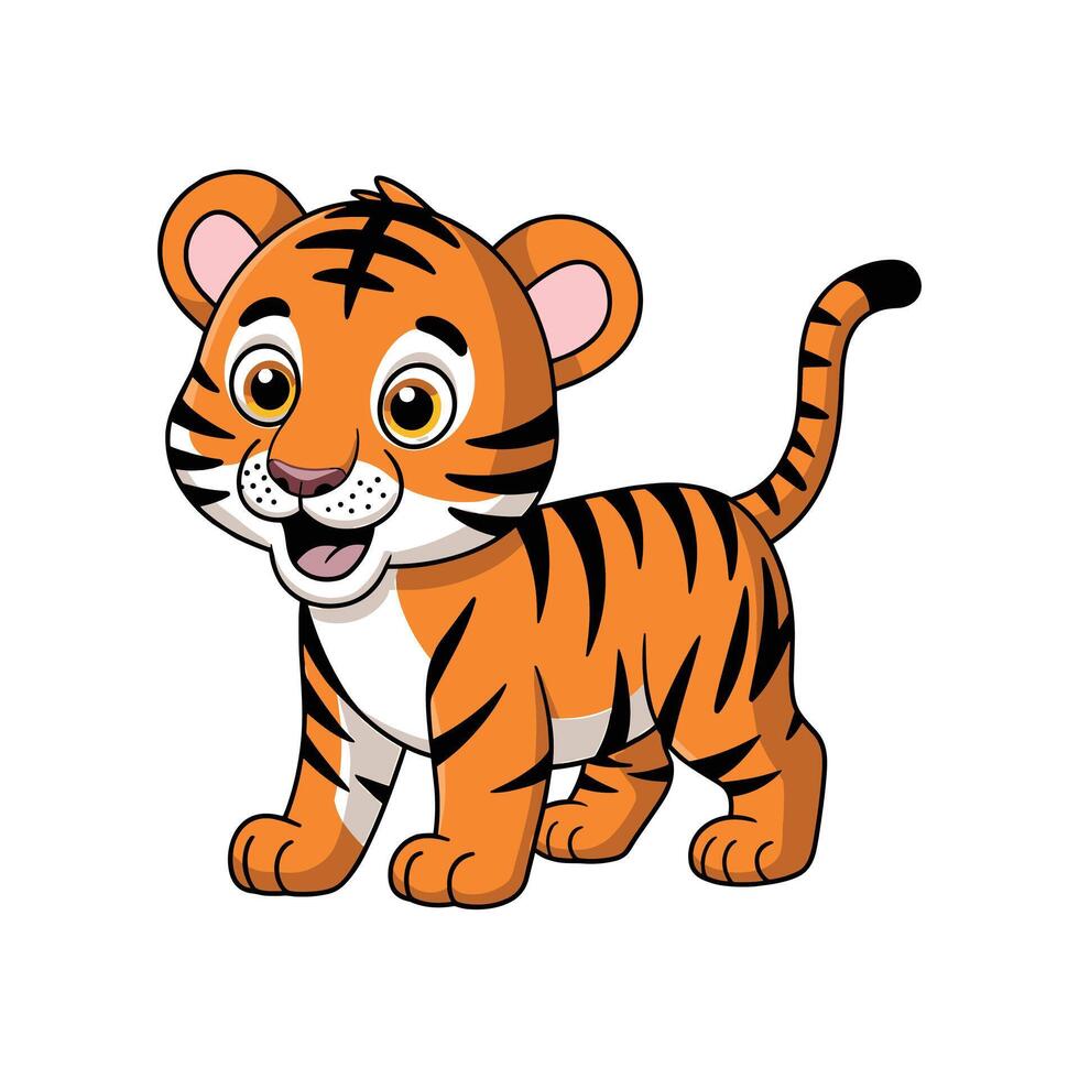 Adorable Cartoon Baby Tiger Standing and Smiling, Cute Jungle Animal Character Illustration, Perfect for Kids Products, Education Materials and Wildlife Themed Designs vector