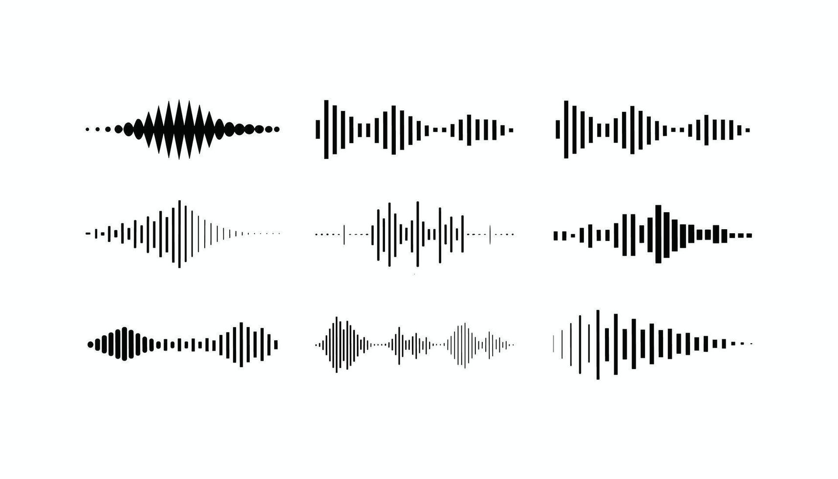 Set of black audio waveforms and sound wave icons in modern minimal style, isolated on white background for music, podcast, and tech designs. vector