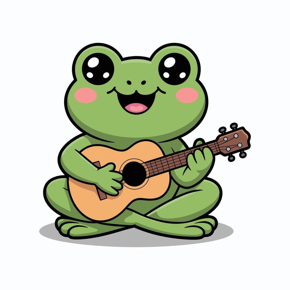 Cute kawaii frog sitting and playing guitar with happy face and blushing cheeks, adorable cartoon animal music illustration on white background. vector
