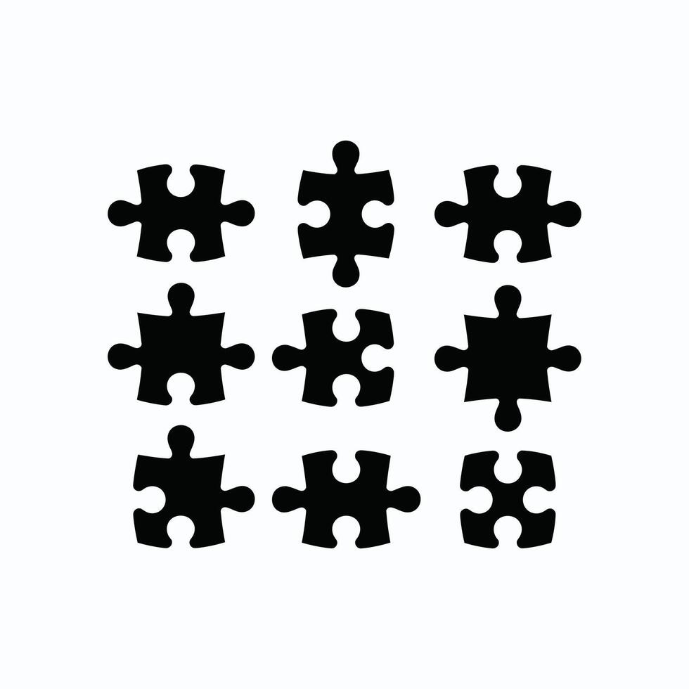 Set of black puzzle piece icons in various shapes, isolated on white background, perfect for strategy, teamwork, solution, and connection design concepts. vector