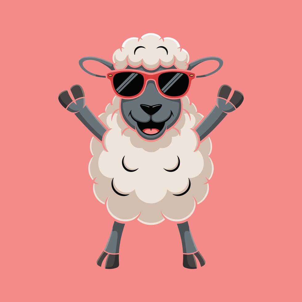 Cool cartoon sheep wearing red sunglasses, smiling and raising hands happily on pink background, fun farm animal illustration for kids and merchandise vector