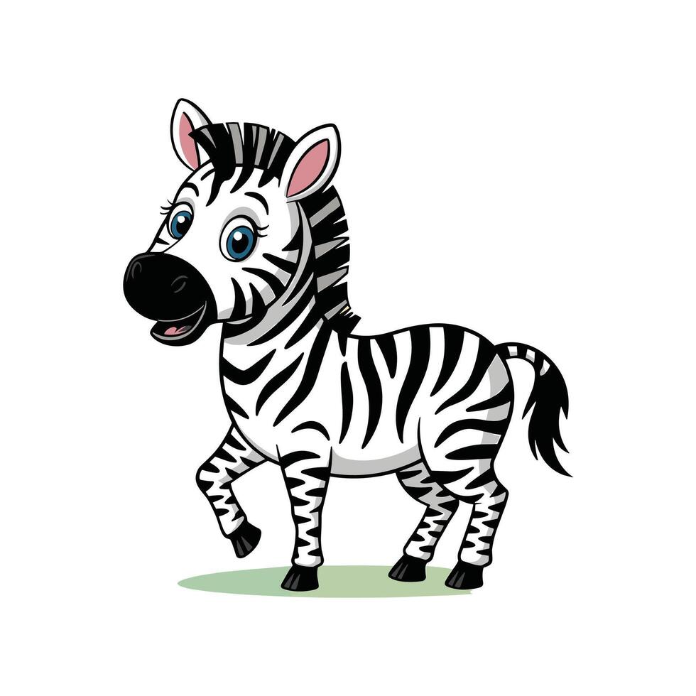 Cute Cartoon Zebra with Big Blue Eyes and Happy Smile Standing on Grass, Black and White Stripes, Isolated on White Background vector