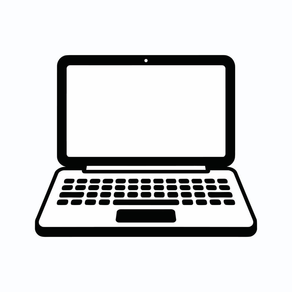 Black silhouette of open laptop computer icon on white background, perfect for technology, remote work, online learning, digital devices, and IT designs vector