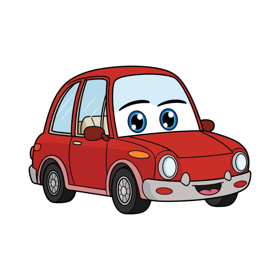 Cute Cartoon Red Car with Smiling Face and Big Eyes, Fun Vehicle Character Illustration for Kids, Educational Materials and Transportation Designs. vector
