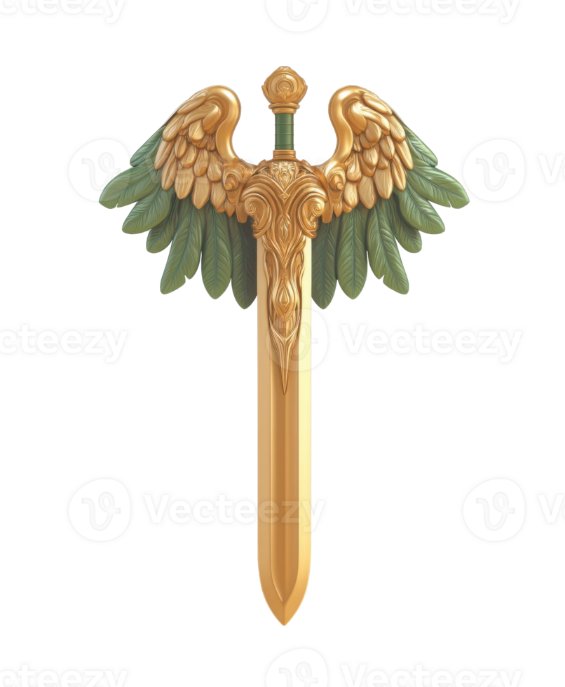 Ornate golden sword with majestic green feathered wings symbolizing courage, freedom, and victory, creating a powerful emblem of hope and triumph png