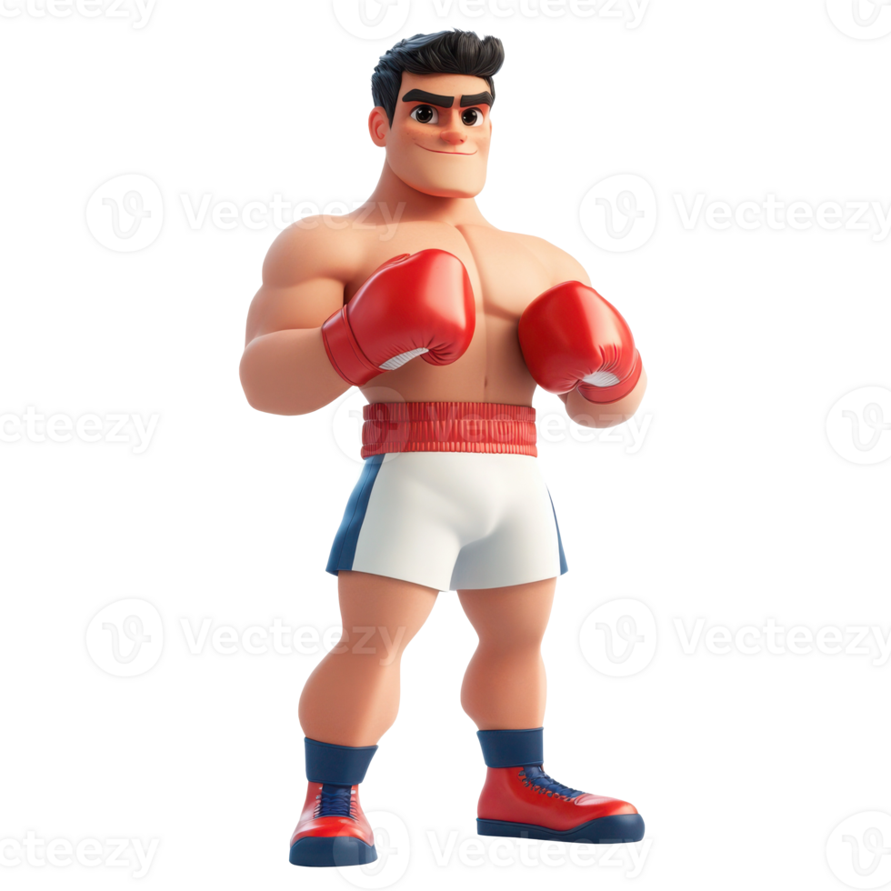 3d render of a strong and muscular cartoon boxer wearing red boxing gloves and shorts, standing confidently, ready for a match, exuding strength and determination png