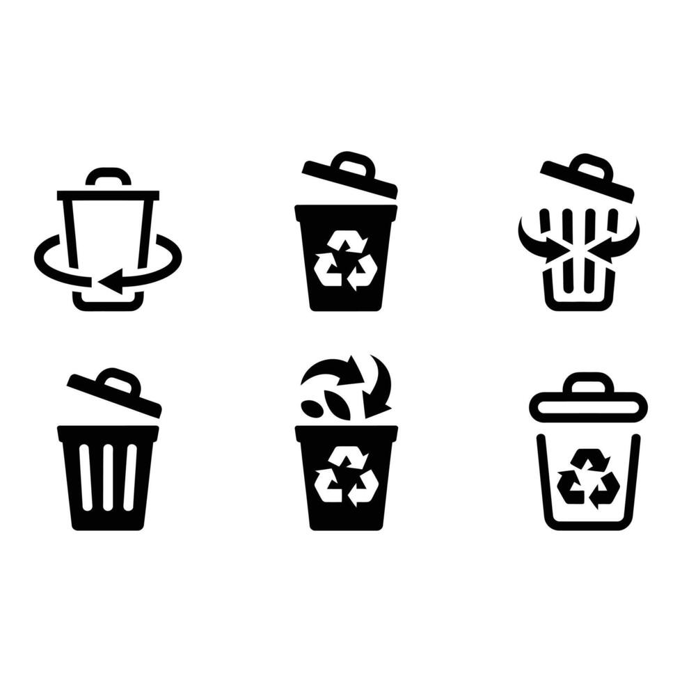 Recycling Bin Icons Six Black and White art Graphics for Waste Management and Sustainability vector