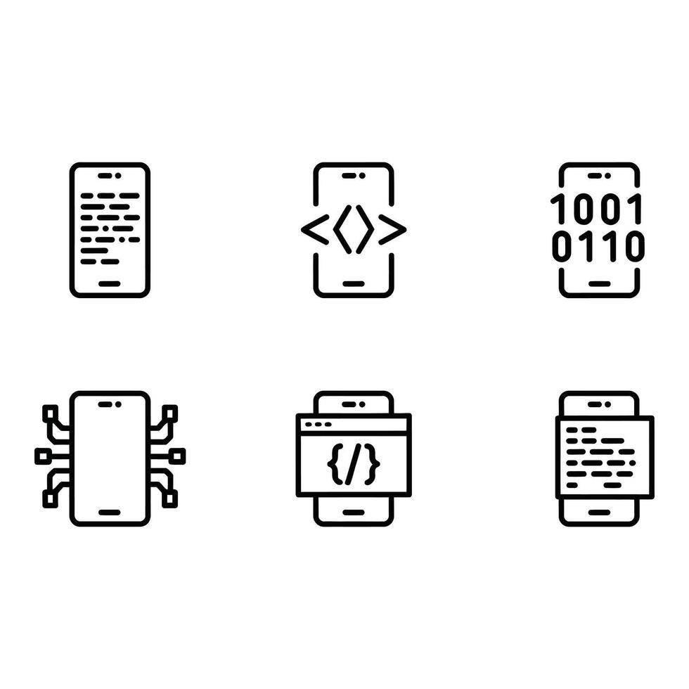 Mobile App Development Icons Clean Line Art Style Modern Technology Concept Software Coding Binary Code Programming Interface vector