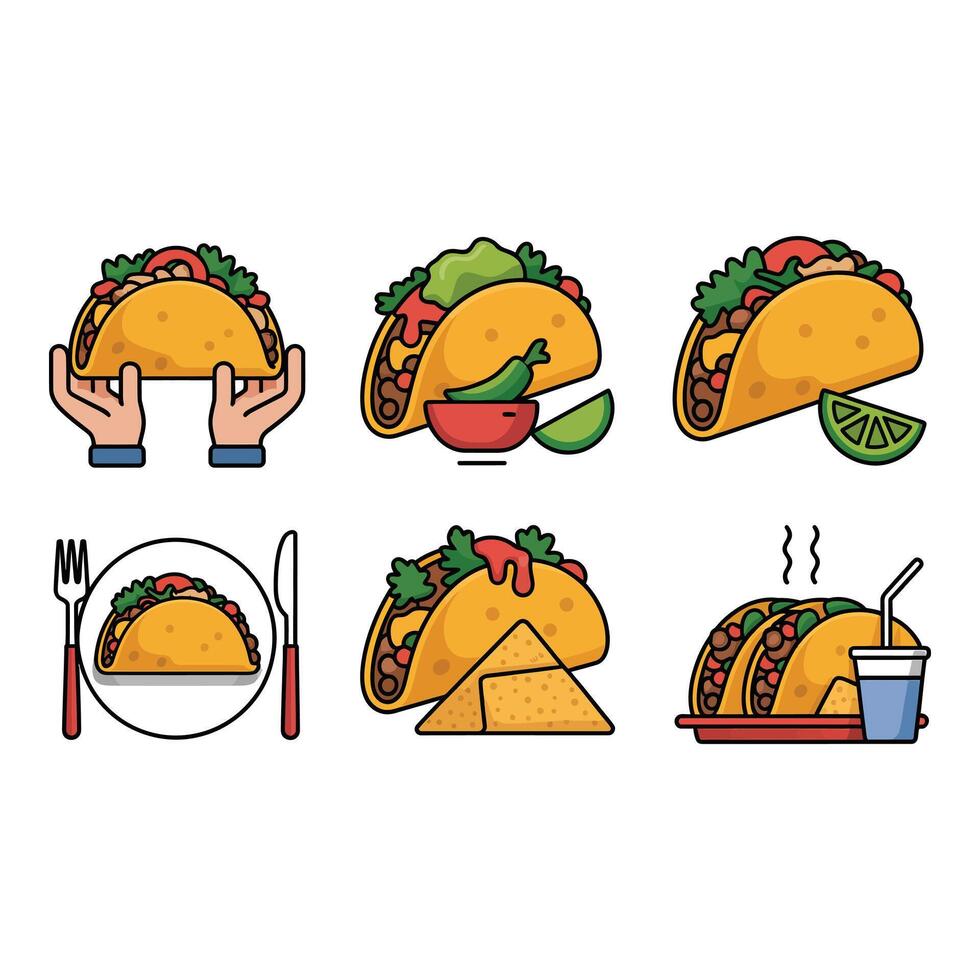 Delicious Taco Illustrations Vibrant Flat Design Mexican Food Graphics Appetizing Style Restaurant Menu Web Design Elements vector
