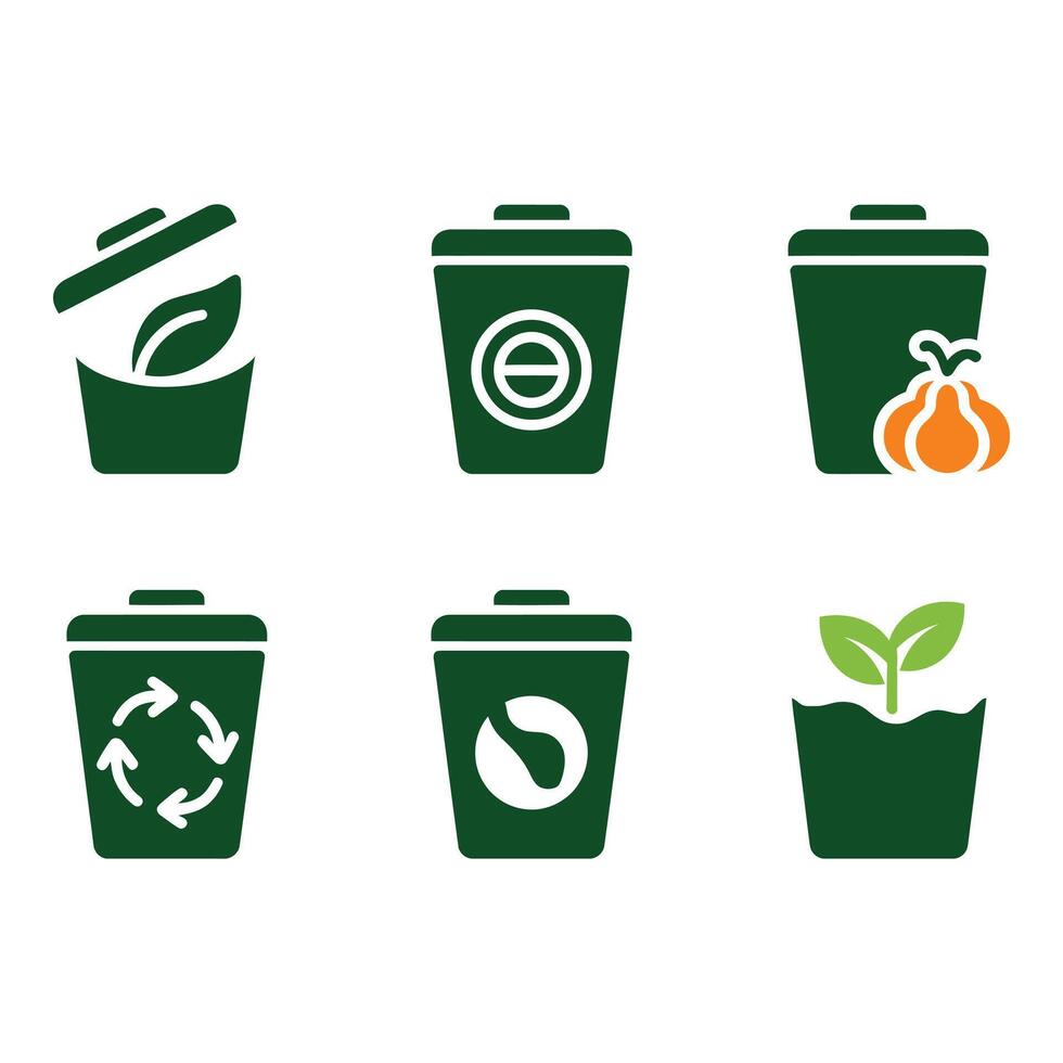 Green Compost and Recycling Bin Icons Eco Friendly Waste Management Symbols Set vector