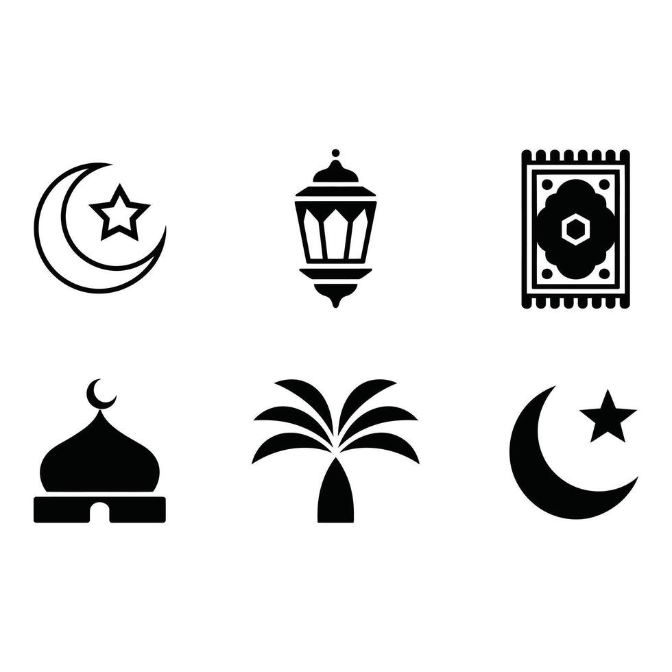 Islamic Icons Crescent Moon Star Mosque Lantern Palm Tree Prayer Mat Simple Black Glyph Set vector