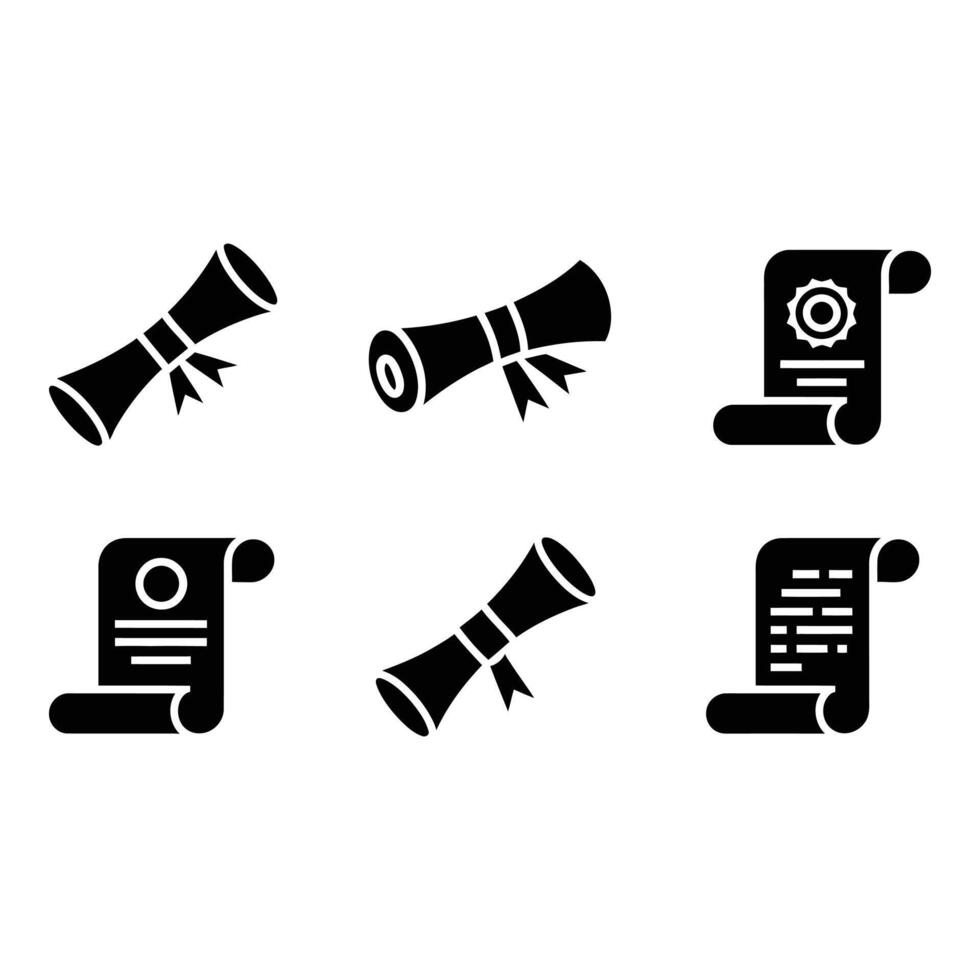 Six Black Glyph Icons Diplomas Certificates and Scrolls Achievement Education Success vector