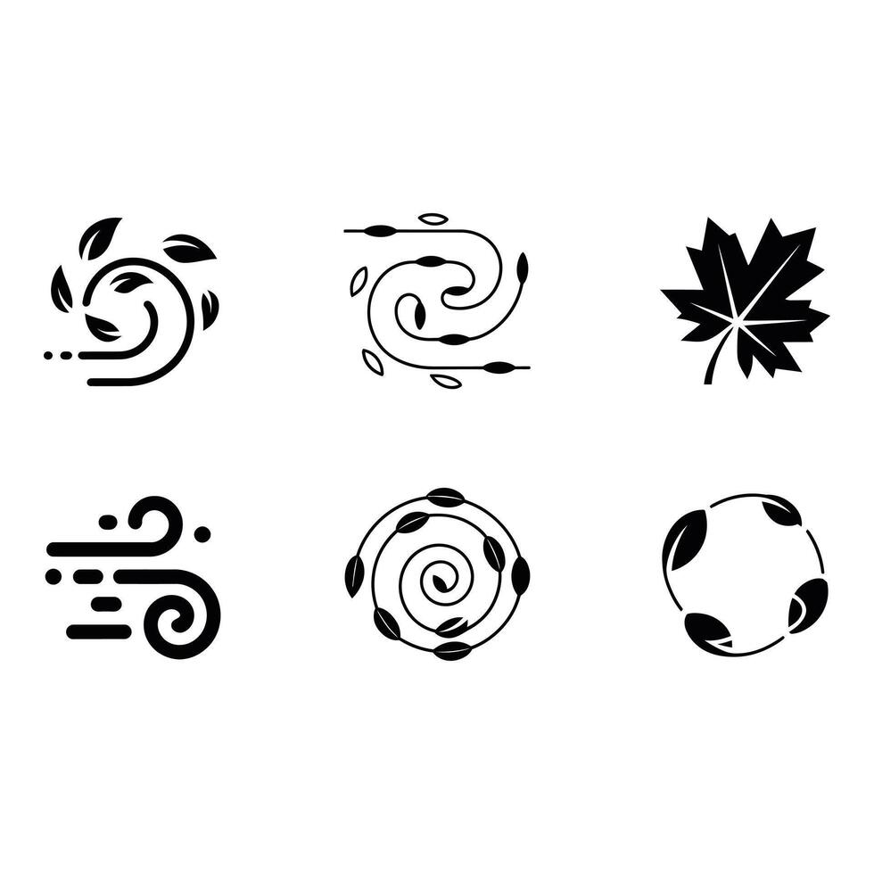 Six Minimalist Black Leaf and Wind Icons Nature Ecology Spring Autumn art Graphics vector