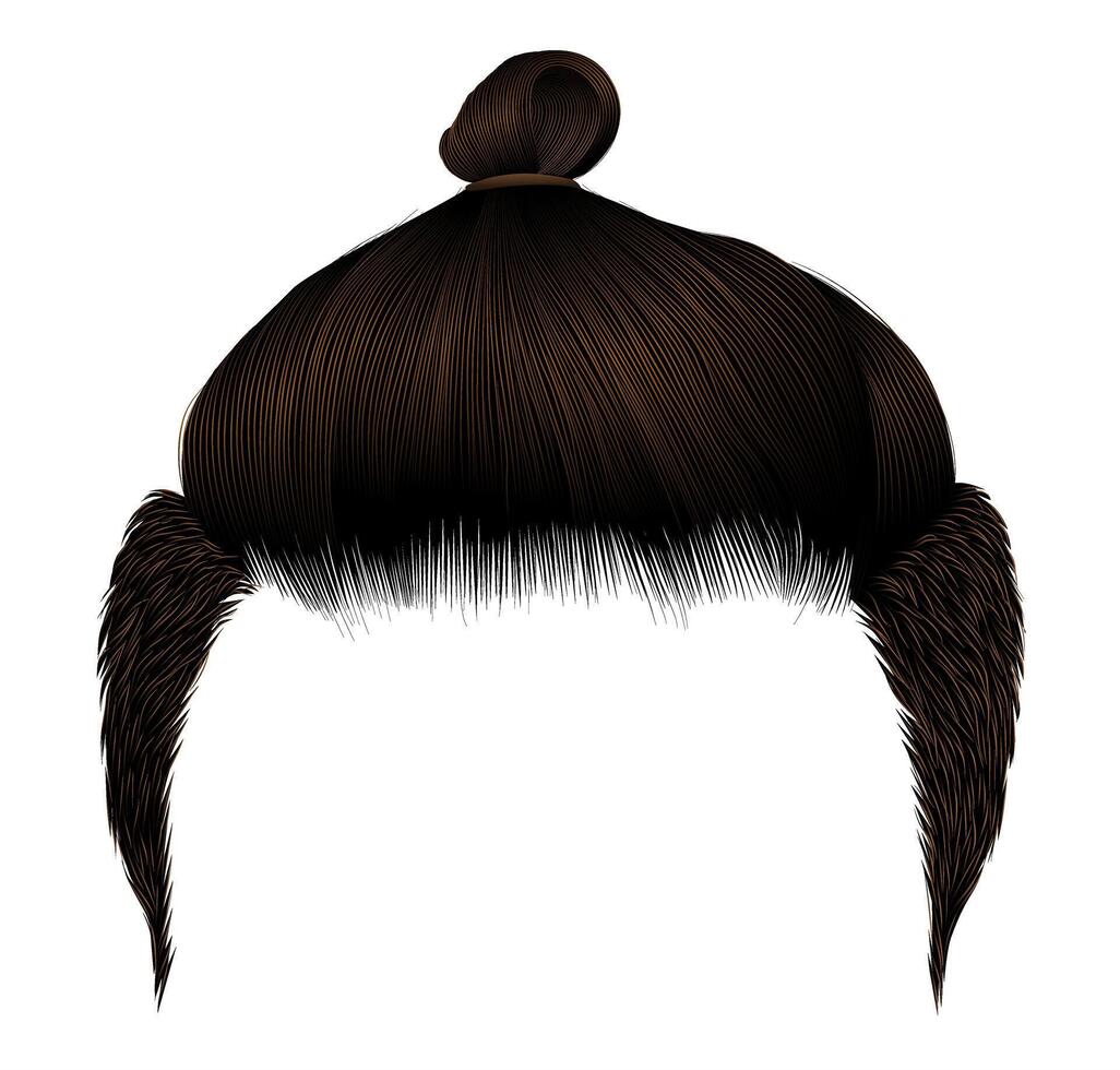 Trendy man hairs. Bun brown brunette color. Beauty style. Realistic 3d vector