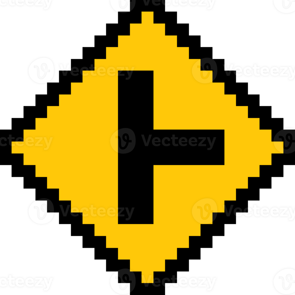 Pixel T-Junction Traffic Sign. Retro road sign icon png