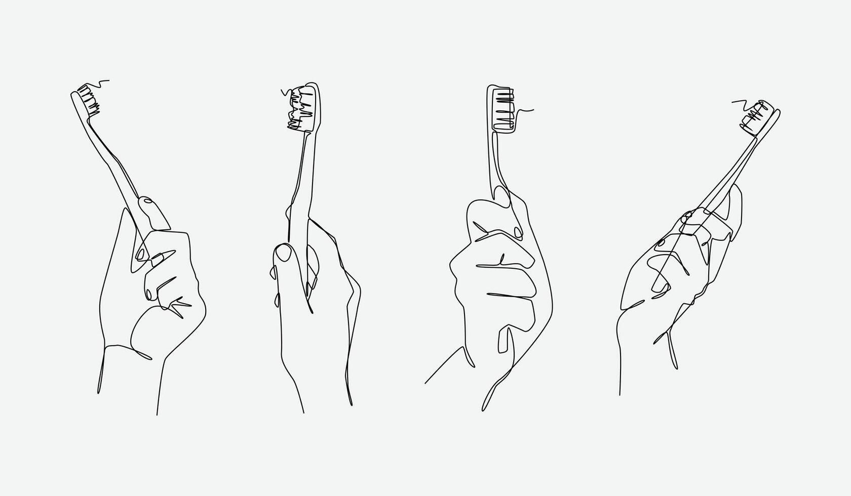 Set continuous one line drawing of hands holding toothbrush. Editable line illustration. vector