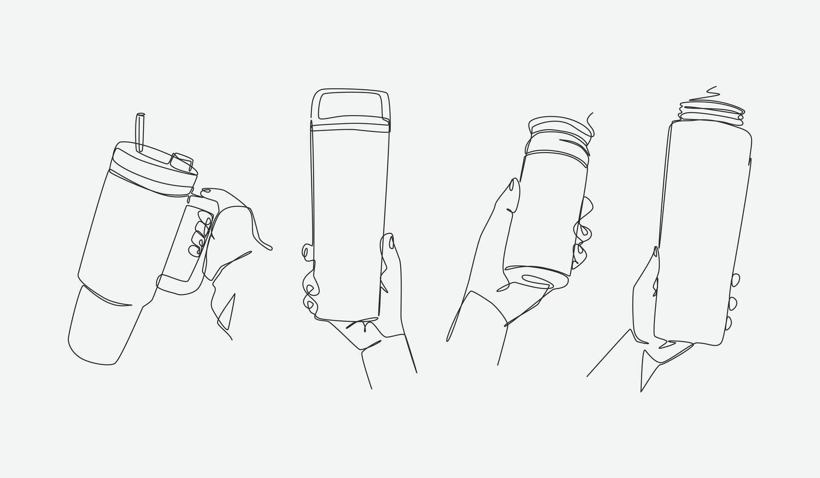 Set continuous one line drawing of hands holding different tumbler. Editable line illustration. vector