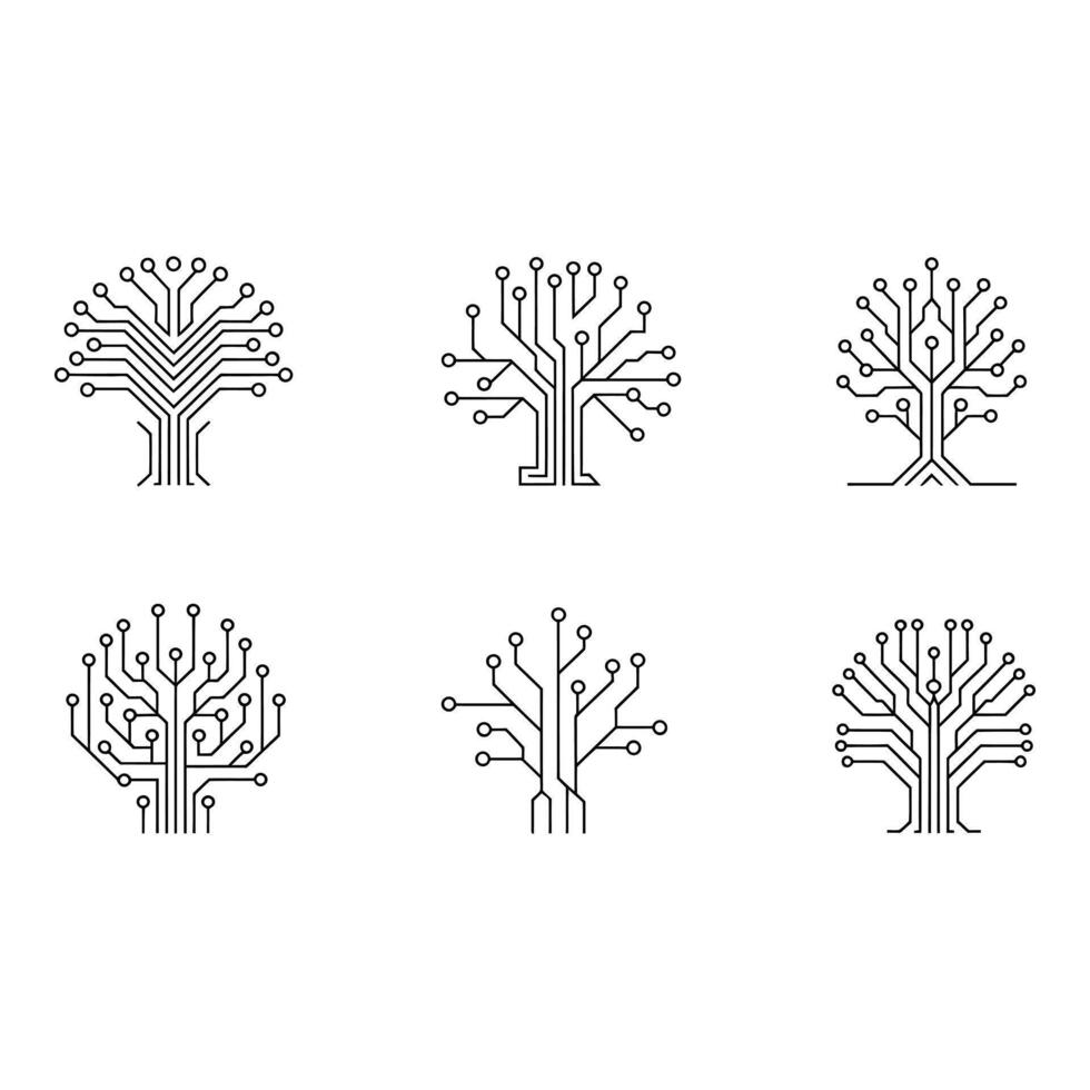 Six Abstract Circuit Board Tree Icons Minimalist Line Art Technology Nature Concept art Graphics Clean Modern Design vector