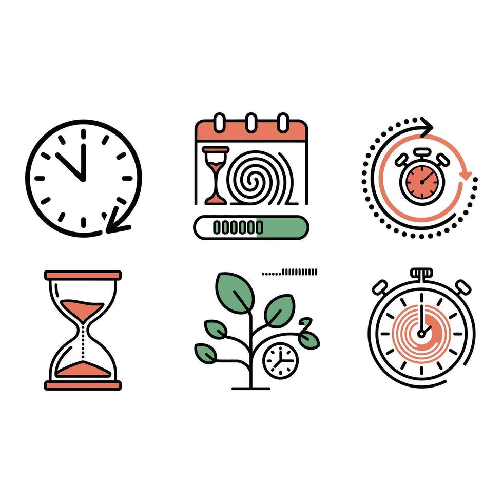 Time Management Icons Clock Hourglass Stopwatch Progress Bar Growth Concept Minimalist Line Art Style Flat Design Coral and Green Palette vector
