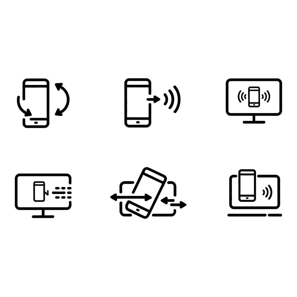 Modern Wireless Smartphone Computer Data Transfer Icons Clean Line Art Style vector