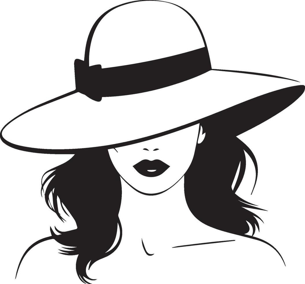 Elegant Woman Wearing a Wide-Brimmed Hat Fashion Illustration Black and White Minimalist Design vector