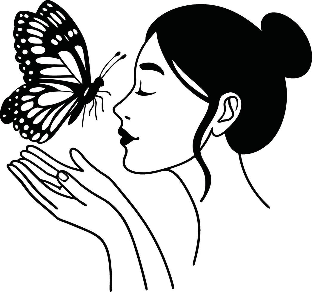Elegant Woman Gently Approaching a Monarch Butterfly Design, Representing Nature Beauty and Graceful Feminine Art vector