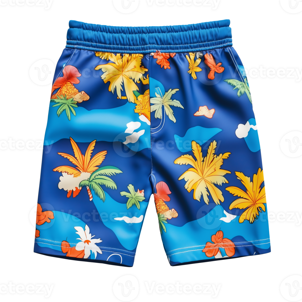 a blue swim trunks with tropical palm trees and leaves png