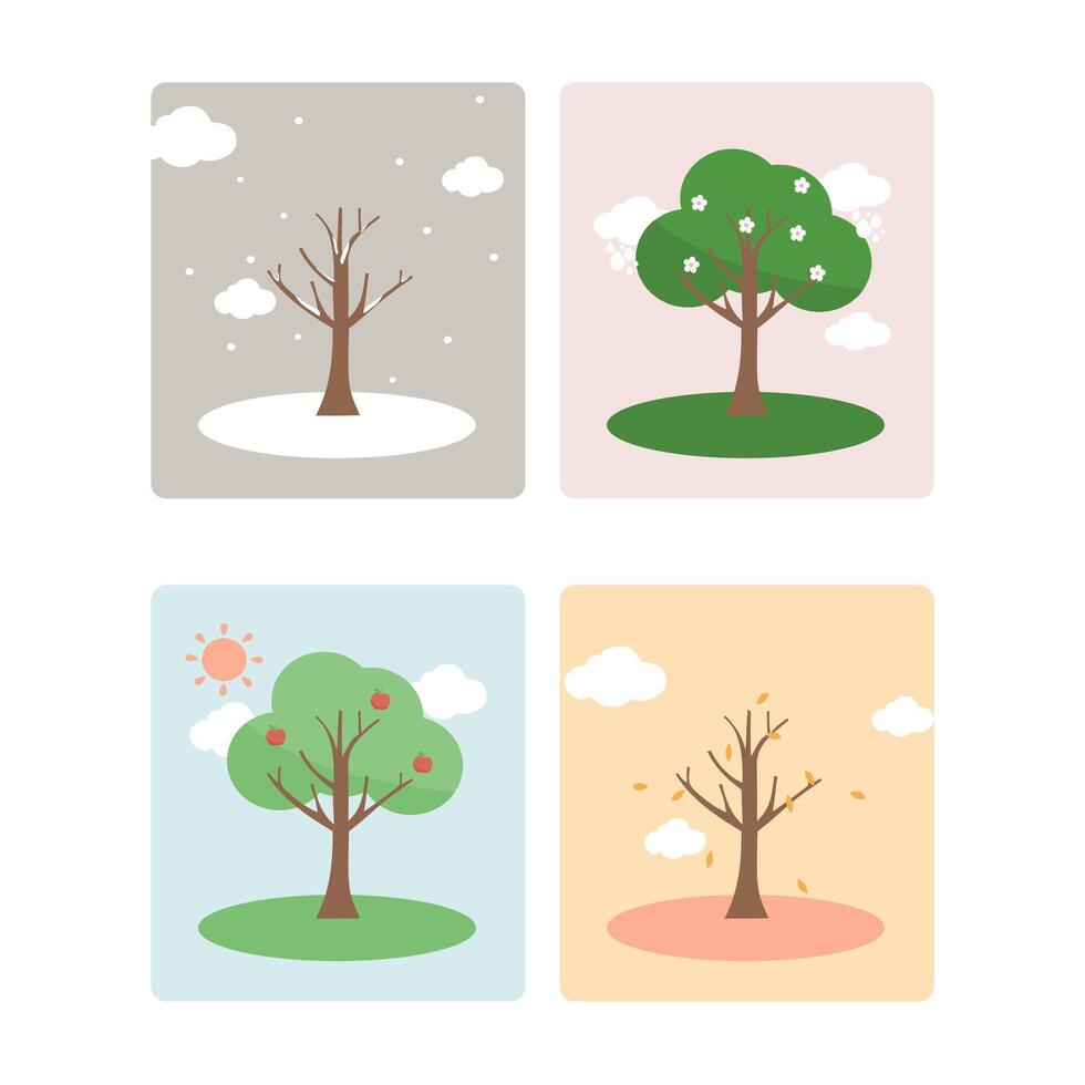 Four Seasons Landscape Illustration with Flat Nature Scene Set for Spring, Summer, Autumn, Winter vector