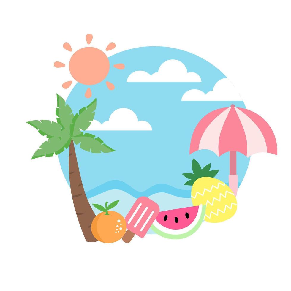 Tropical Summer Beach Illustration with Fruits, Palm Tree, and Sun vector