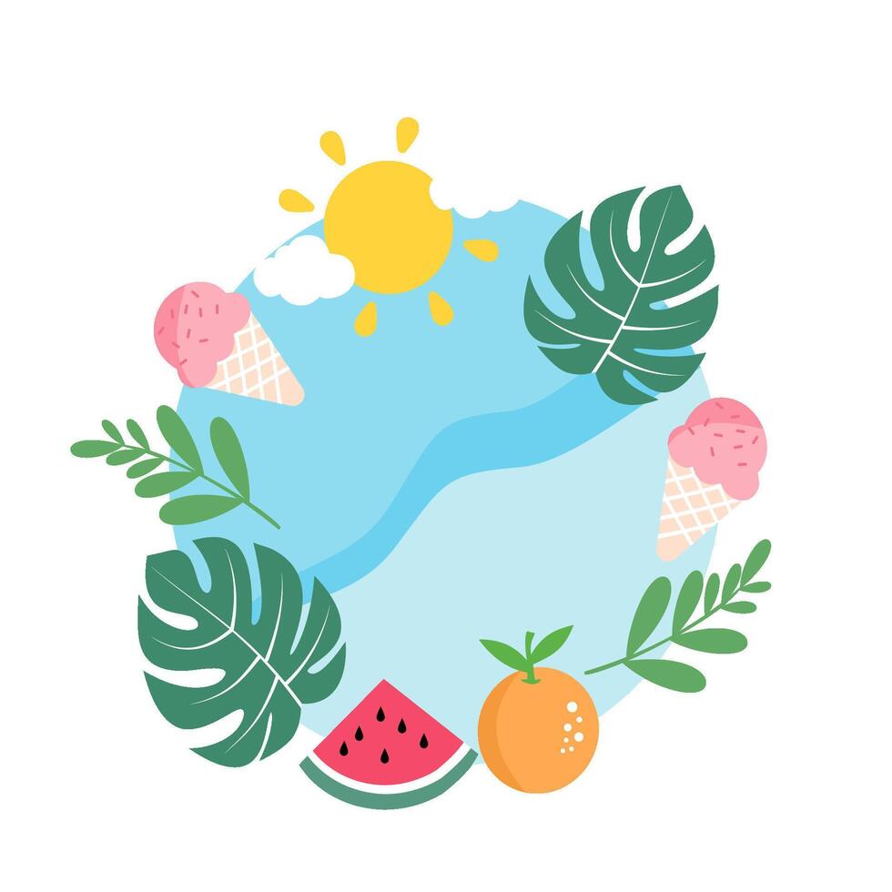 Tropical Summer Beach Illustration with Monstera, Ice Cream, and Fruits vector