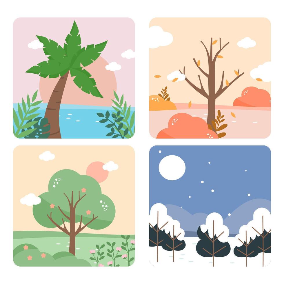Flat Design Landscape of Four Seasons with Spring, Summer, Autumn, and Winter Illustration vector
