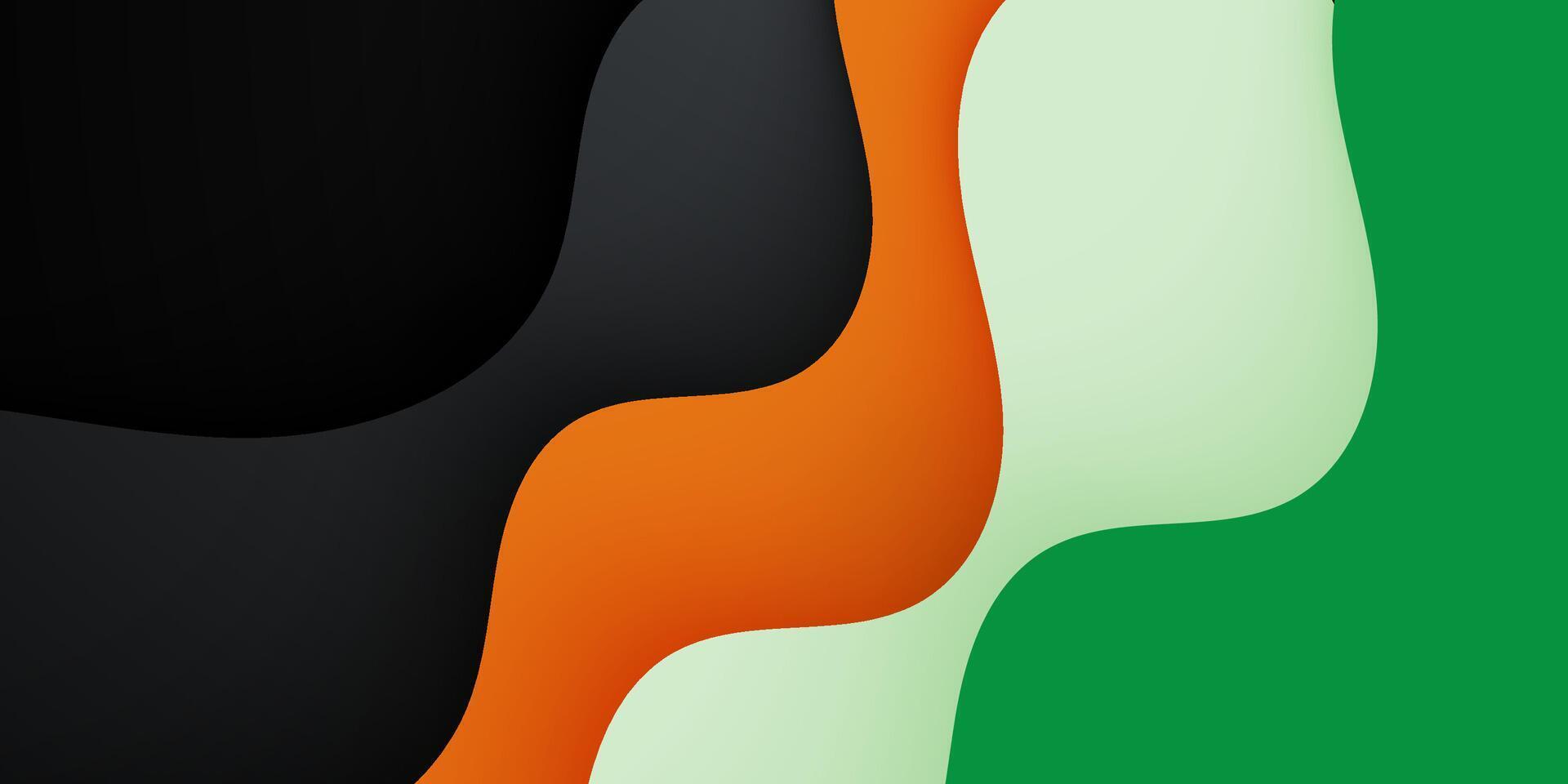 Abstract papercut wave fluid background. Green and orange color wave pattern on dark background design. vector