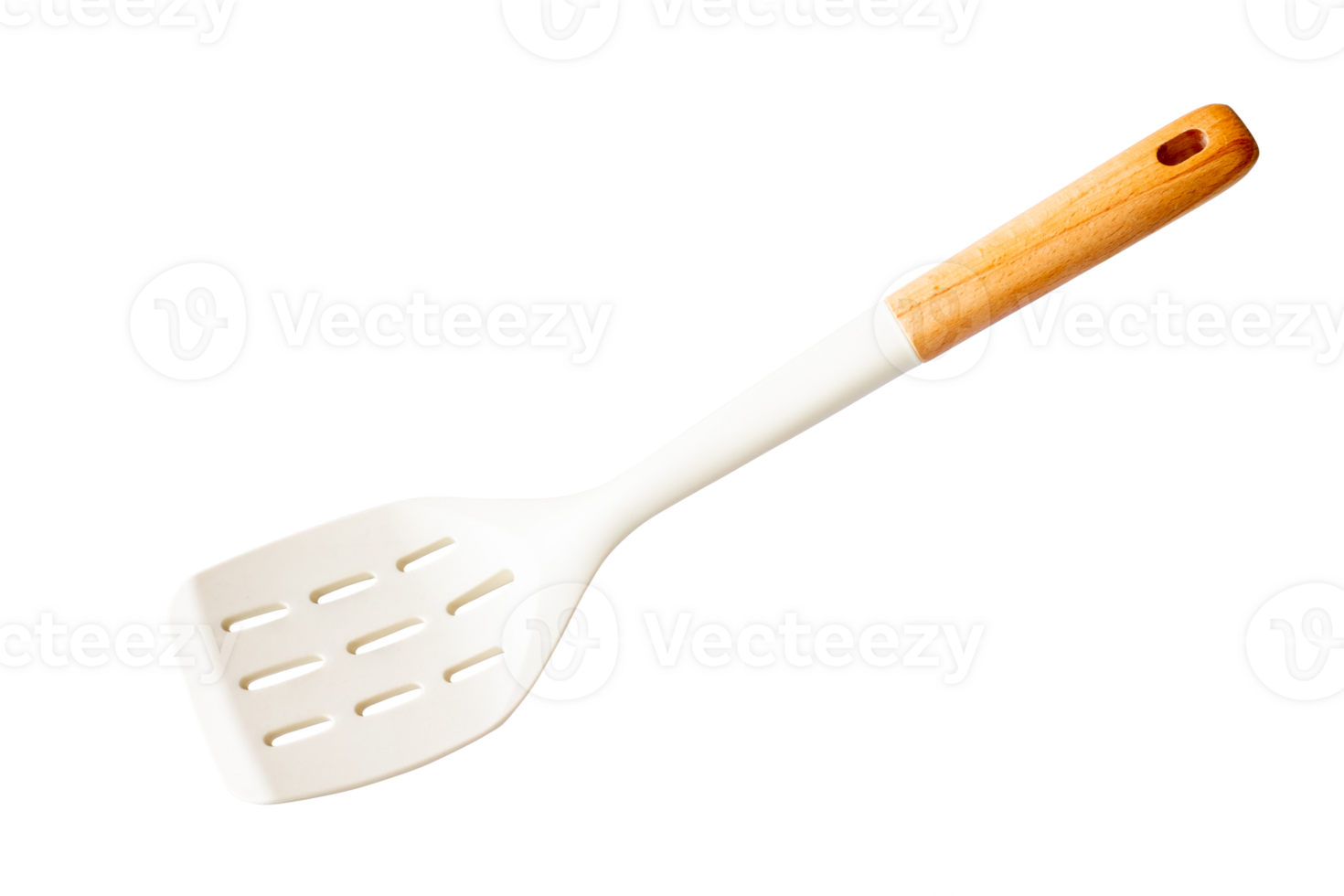 Modern slotted spatula with white silicone head and wooden handle isolated on transparent background, Perfect for kitchen utensil ads, product packaging, and cooking related designs, File png