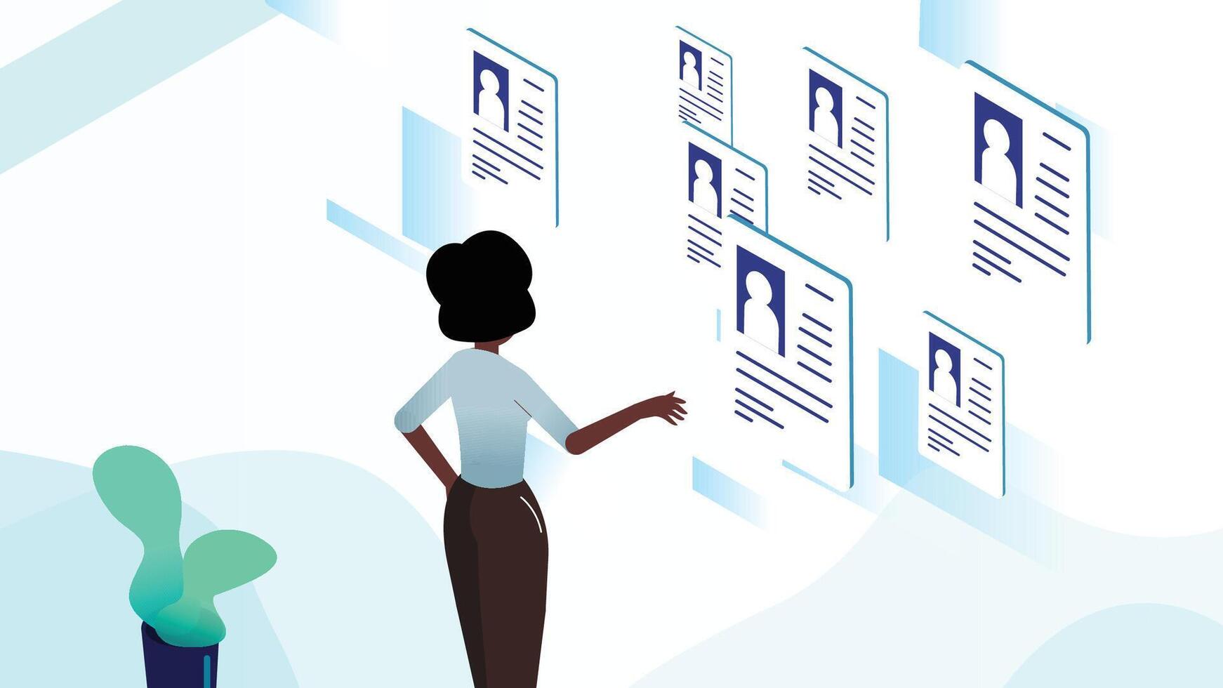 Woman Interacting with Digital Resumes and Candidate Profiles vector
