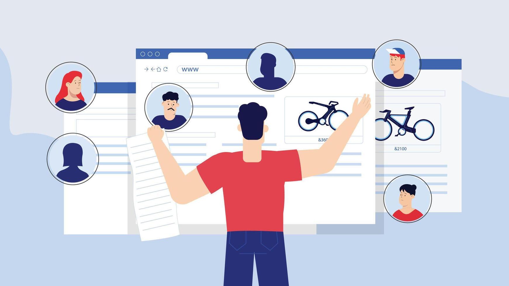 Man Interacting with Online Profiles and E-commerce Website vector
