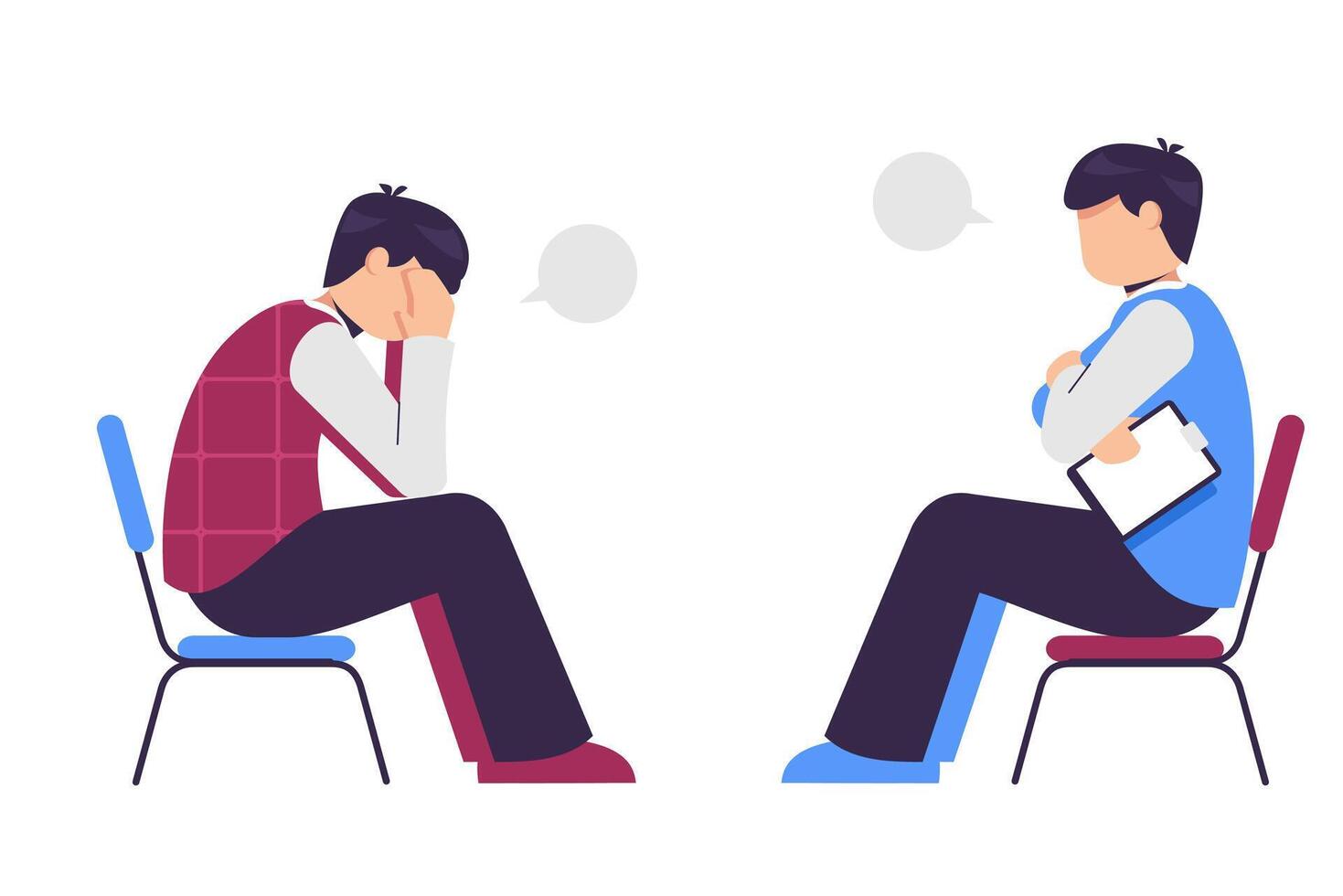 man talking with psychologist . Mental health, psychologist consultation and help. illustration vector