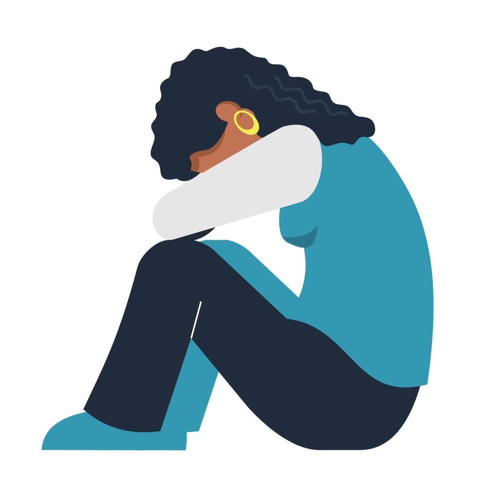 sad african woman insecure flat design illustration. sit on the floor and hugging her knees. mental pressure concept vector