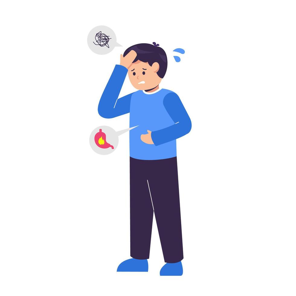 men who suffer from stomach ache, discomfort, pain, heartburn, or GERD. the connection between stress and digestive discomfort vector
